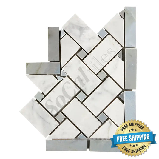 Bianco Carrara White Marble Basketweave Border Corner (w/ Blue-Gray) Accent & Trim Tile