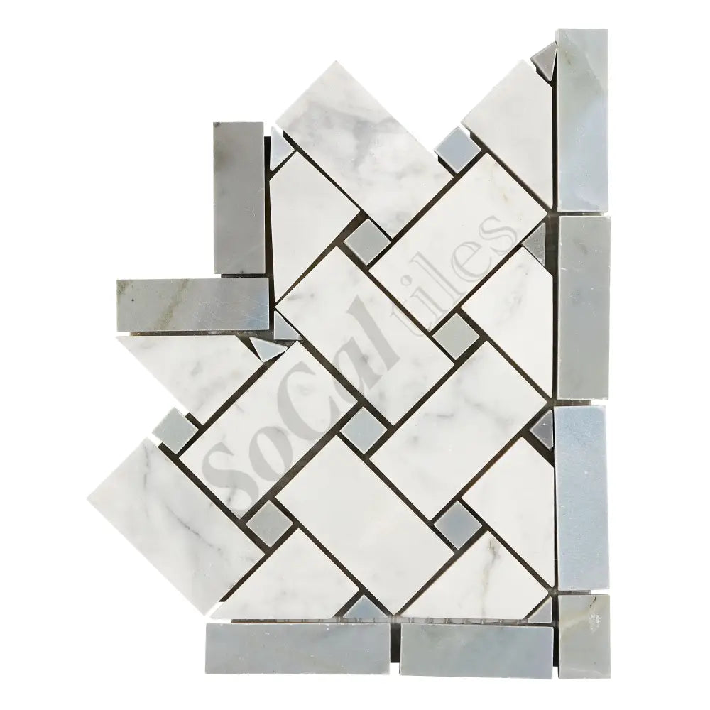 Bianco Carrara White Marble Basketweave Border Corner (w/ Blue-Gray) Accent & Trim Tile