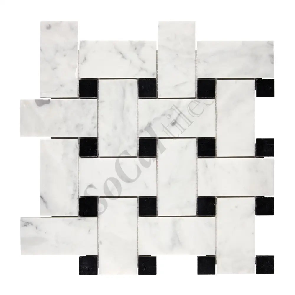 Bianco Carrara White Marble Basketweave Large Mosaic (w/ Black) Wall Tile