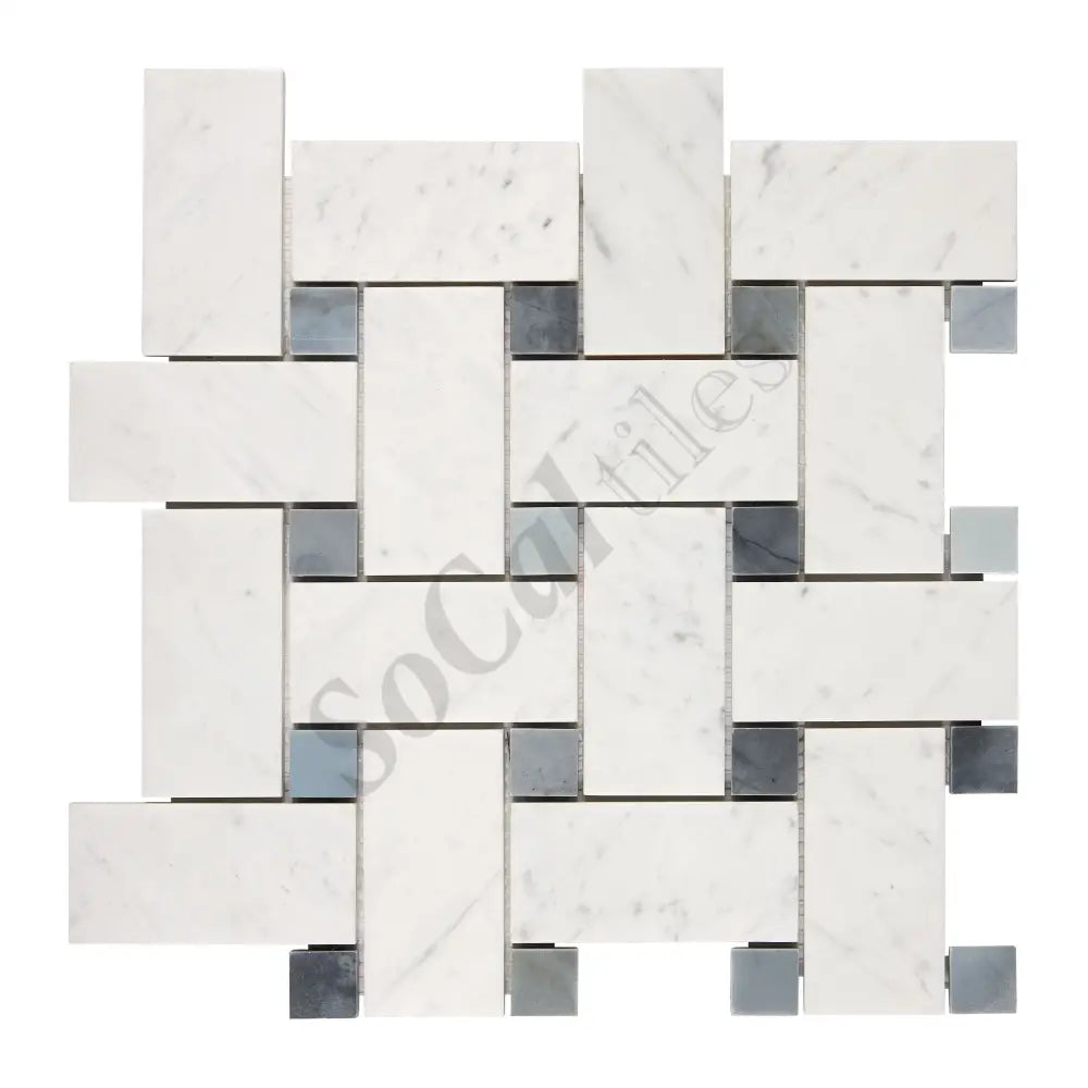 Bianco Carrara White Marble Basketweave Large Mosaic (w/ Blue-Gray) Wall Tile