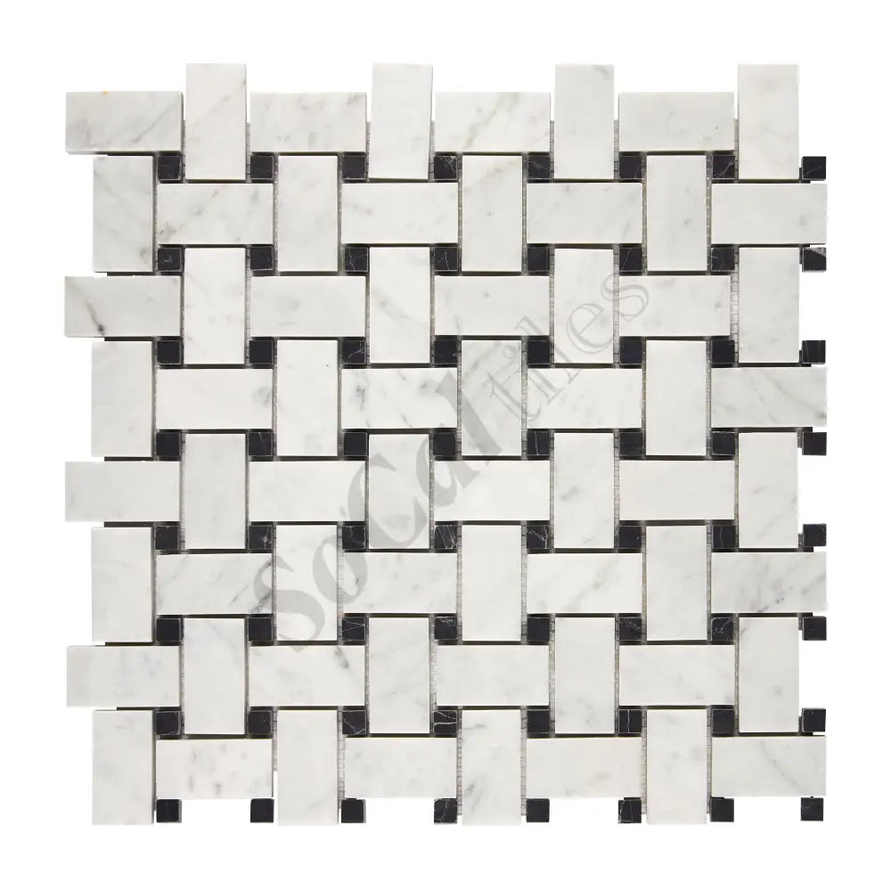 Bianco Carrara White Marble Basketweave Mosaic (w/ Black) Wall Tile