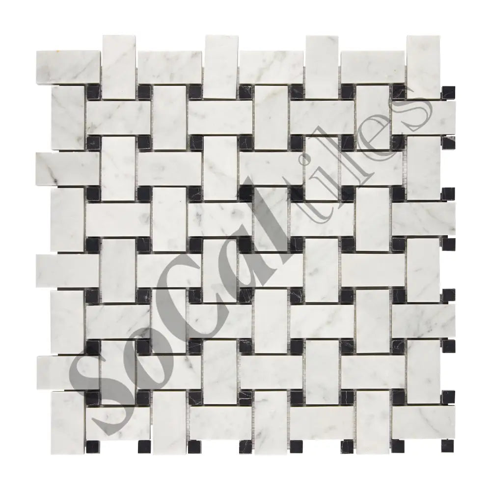 Bianco Carrara White Marble Basketweave Mosaic (w/ Black) Wall Tile