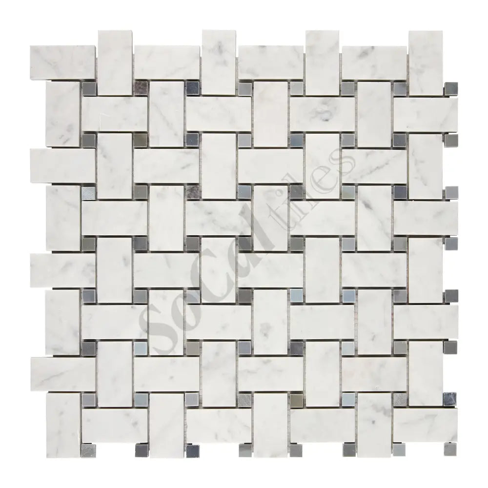 Bianco Carrara White Marble Basketweave Mosaic (w/ Blue-Gray) Wall Tile