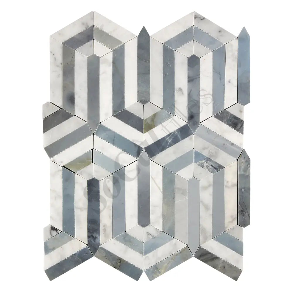 Bianco Carrara White Marble Berlinetta Mosaic (w/ Blue-Gray) Wall Tile