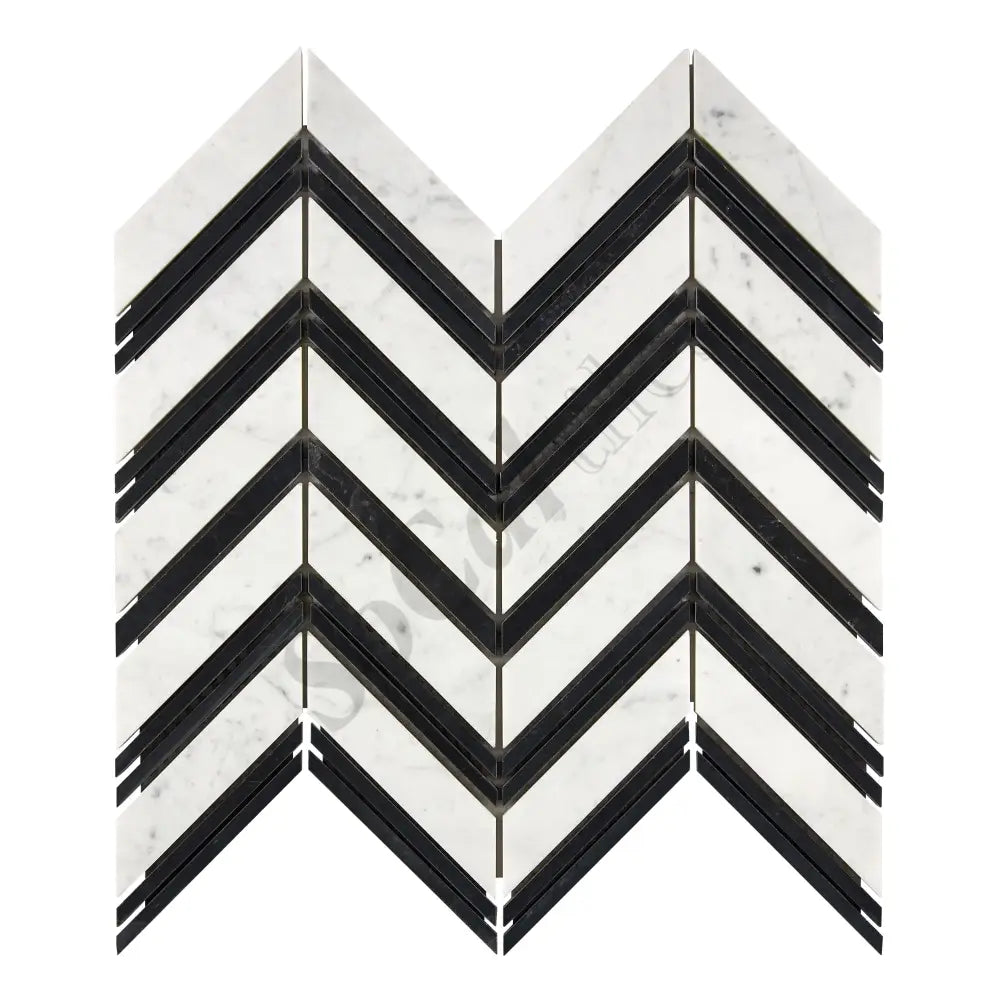 Bianco Carrara White Marble Chevron Large Mosaic (w/ Black) Wall Tile