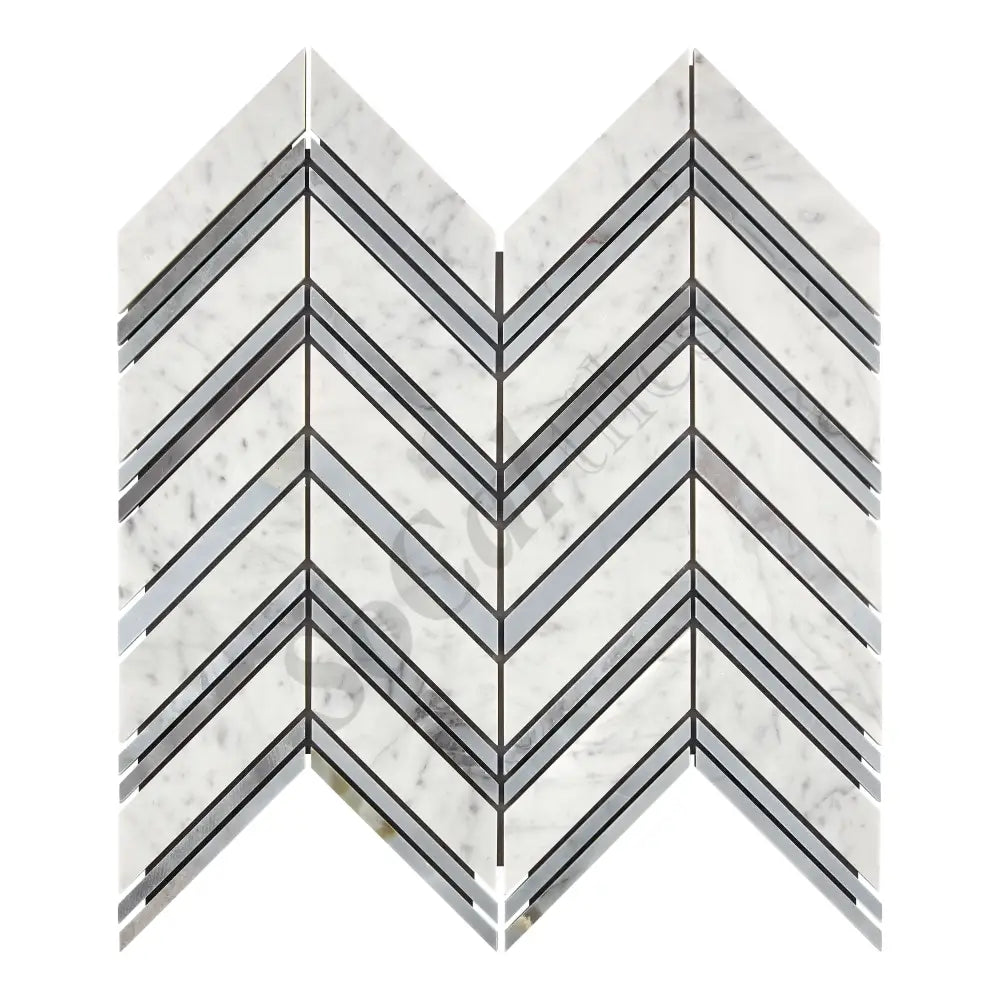 Bianco Carrara White Marble Chevron Large Mosaic (w/ Blue-Gray) Wall Tile