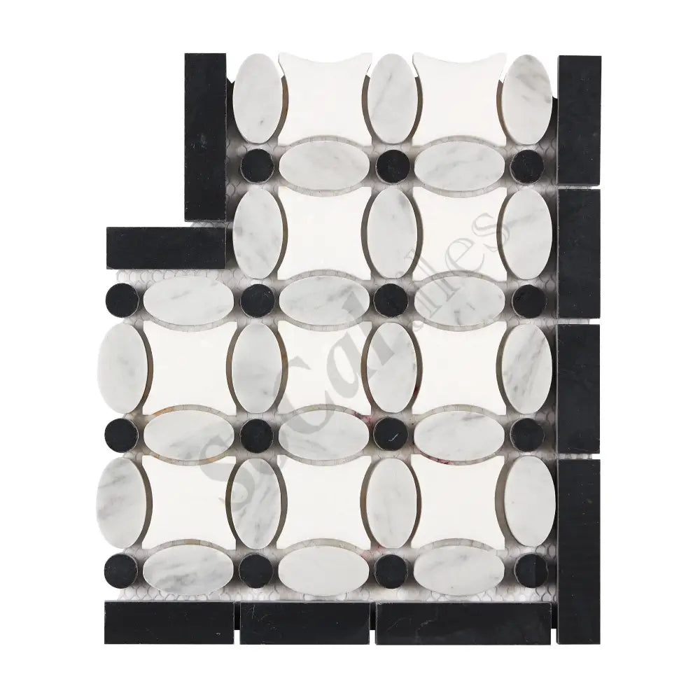 Bianco Carrara White Marble Florida Flower Border Corner (w/ Black) Accent & Trim Tile