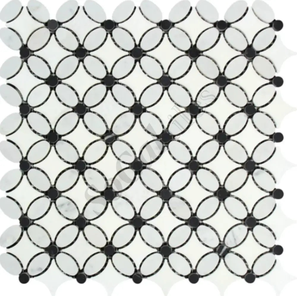 Bianco Carrara White Marble Florida Flower Mosaic (w/ Black Dots) Wall Tile