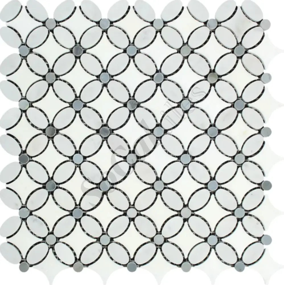 Bianco Carrara White Marble Florida Flower Mosaic (w/ Blue-Gray Dots) Wall Tile