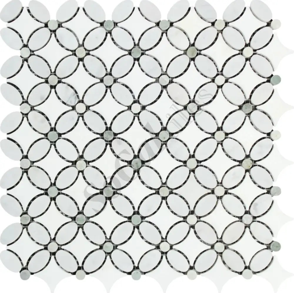 Bianco Carrara White Marble Florida Flower Mosaic (w/ Ming Green Dots) Wall Tile