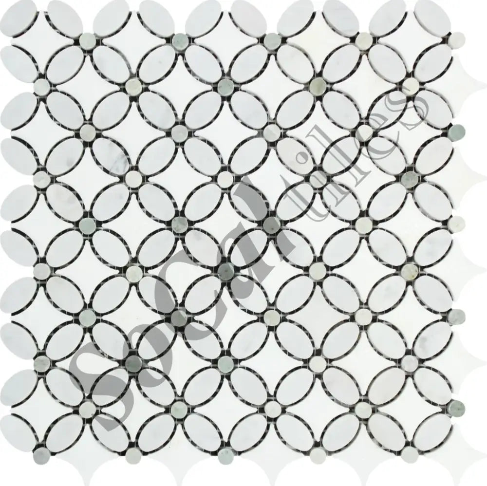 Bianco Carrara White Marble Florida Flower Mosaic (w/ Ming Green Dots) Wall Tile