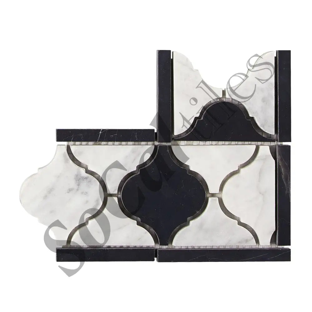 Bianco Carrara White Marble Lantern Border Corner (w/ Black) Accent & Trim Tile