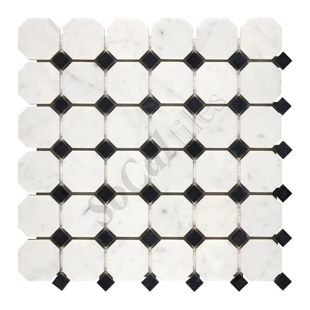 Bianco Carrara White Marble Octagon Mosaic (w/ Black) Wall Tile