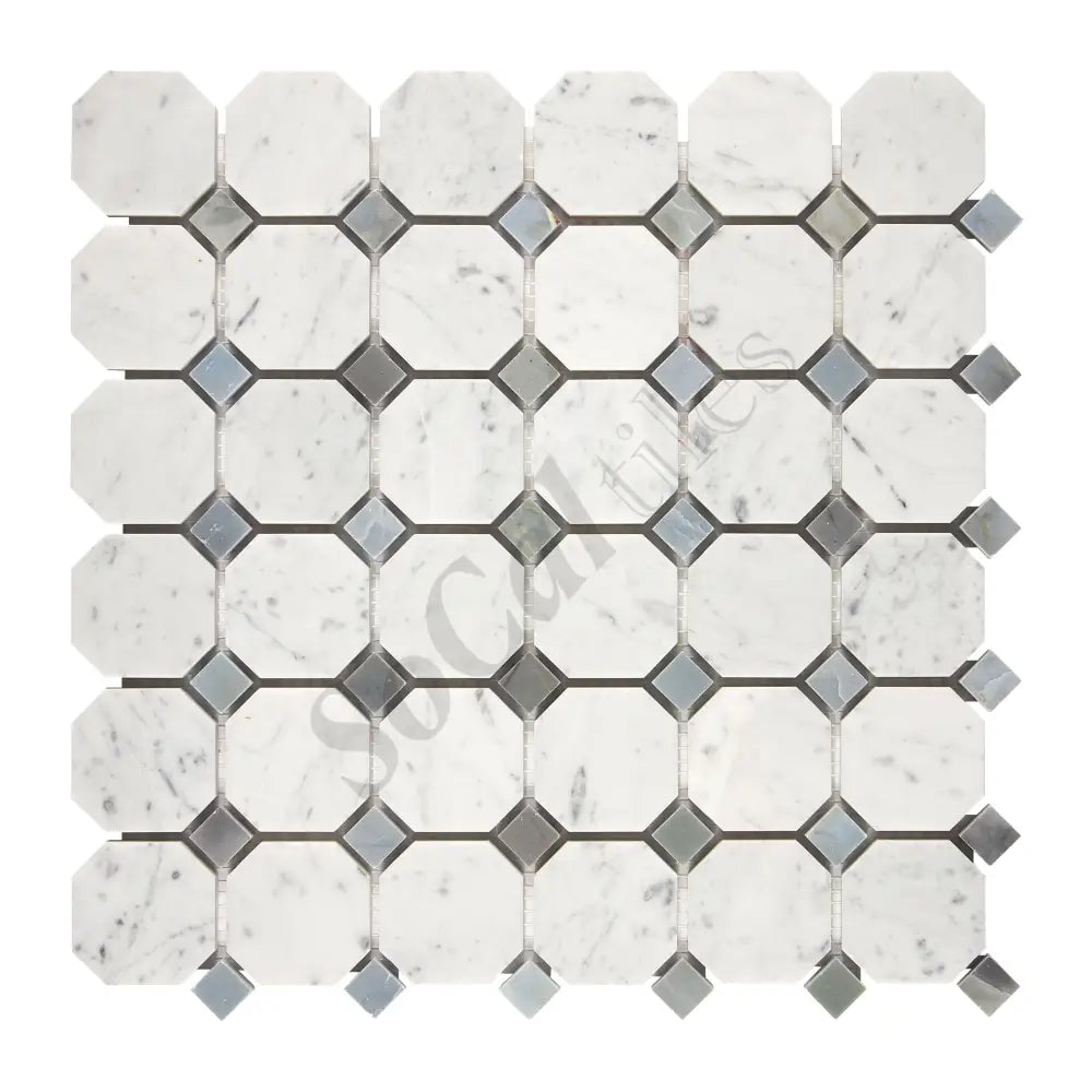 Bianco Carrara White Marble Octagon Mosaic (w/ Blue-Gray) Wall Tile
