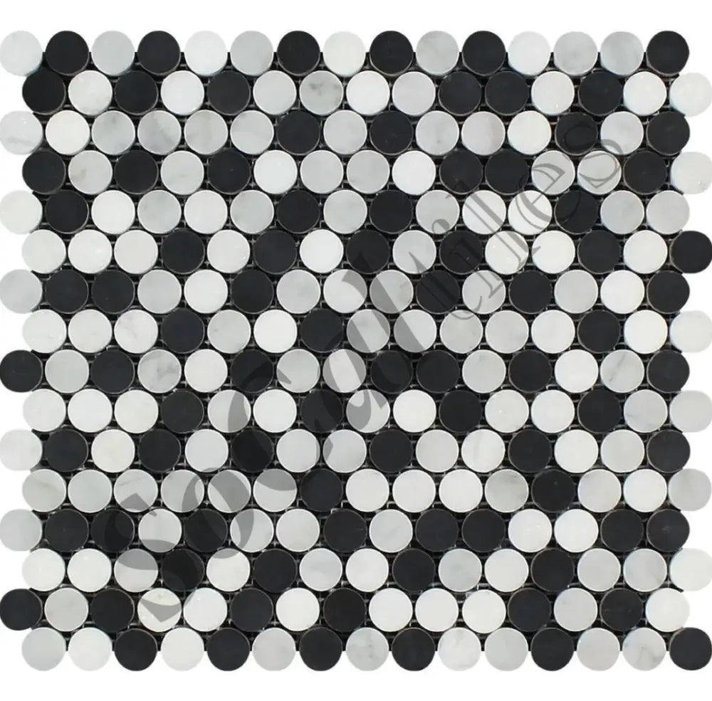 Bianco Carrara White Marble Penny-Round Mosaic (w/ Black) Wall Tile