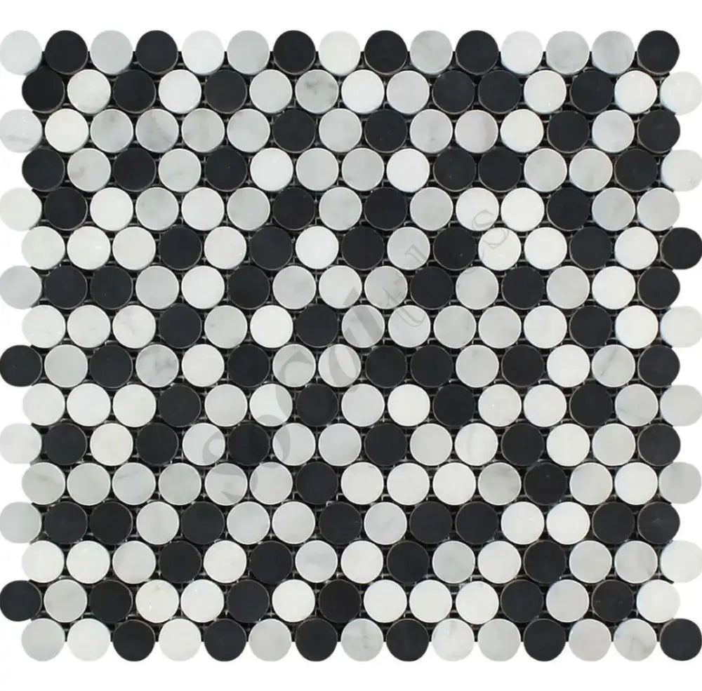 Bianco Carrara White Marble Penny-Round Mosaic (w/ Black) Wall Tile