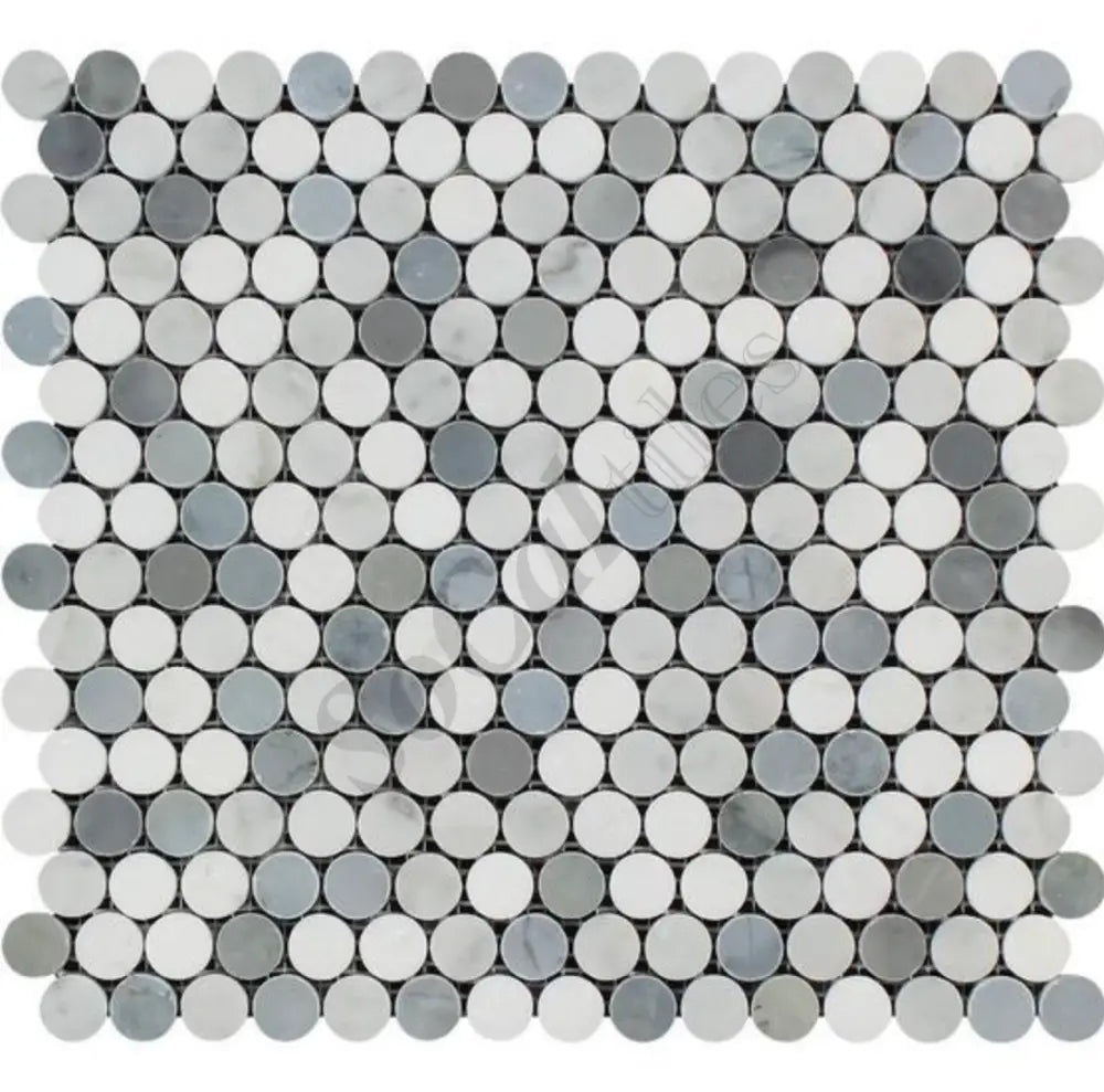 Bianco Carrara White Marble Penny-Round Mosaic (w/ Blue Gray) Wall Tile