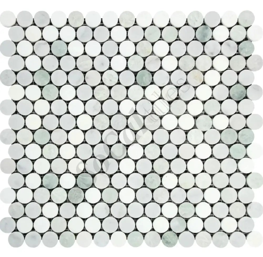 Bianco Carrara White Marble Penny-Round Mosaic (w/ Ming Green) Wall Tile