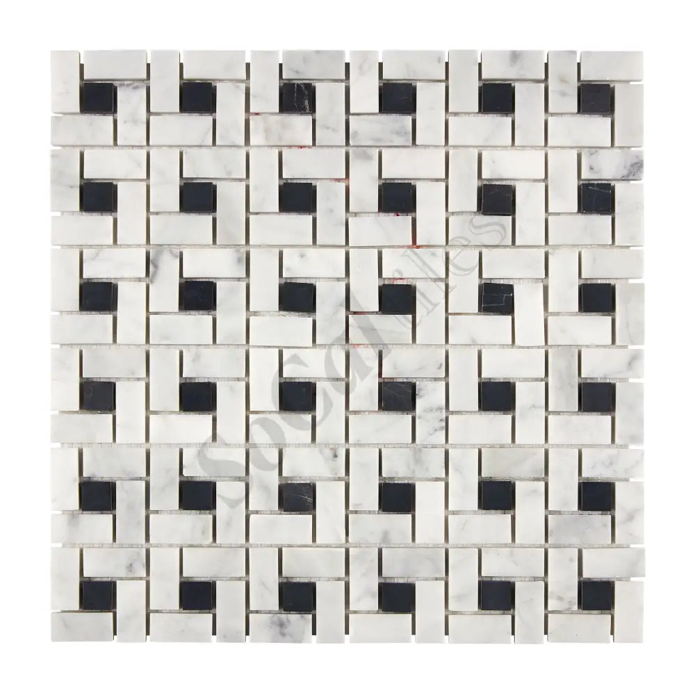 Bianco Carrara White Marble Pinwheel Mosaic (w/ Black) Wall Tile