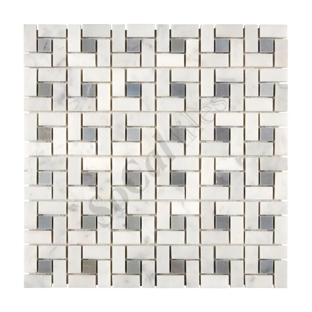Bianco Carrara White Marble Pinwheel Mosaic (w/ Blue-Gray) Wall Tile