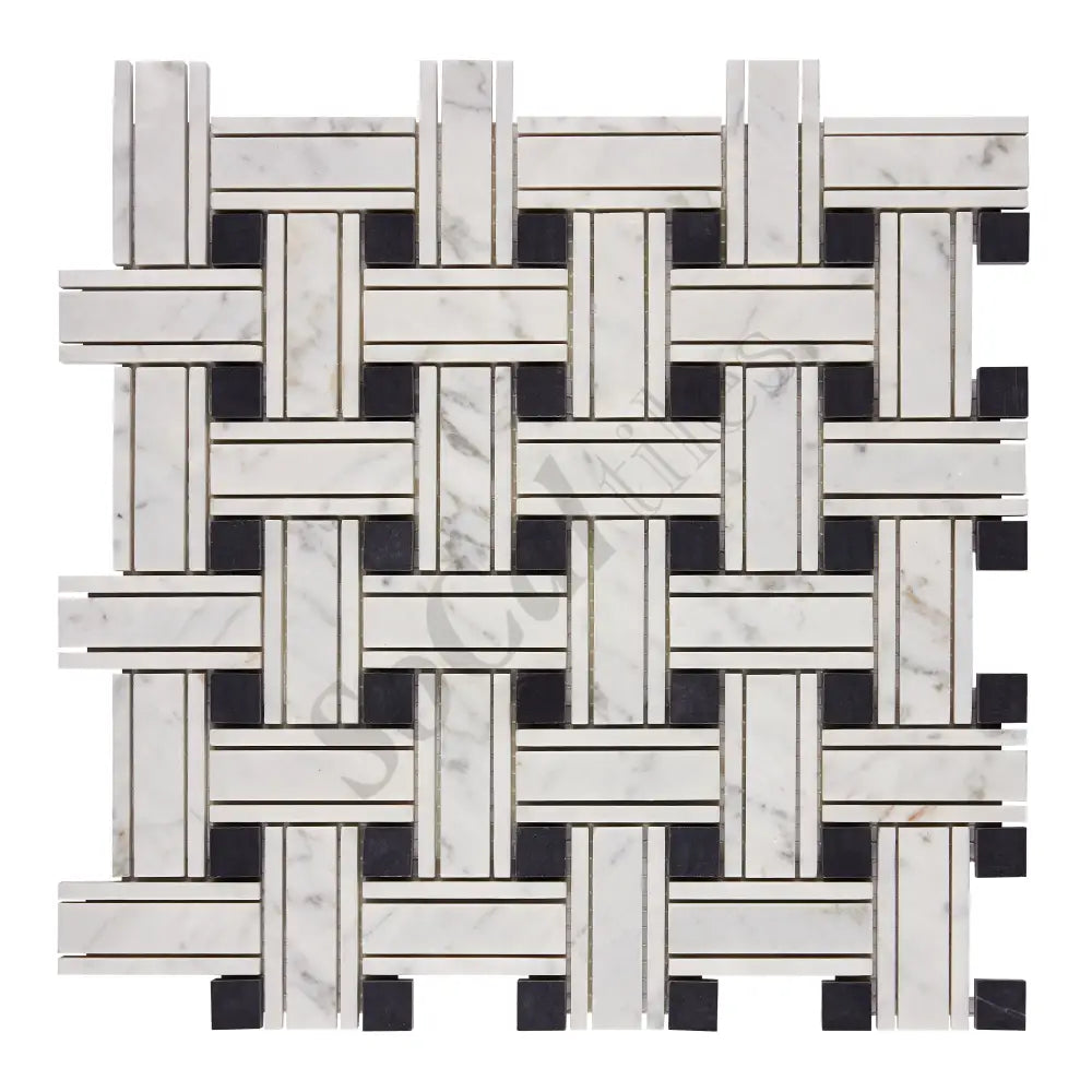 Bianco Carrara White Marble Triple-Weave Mosaic (w/ Black) Wall Tile