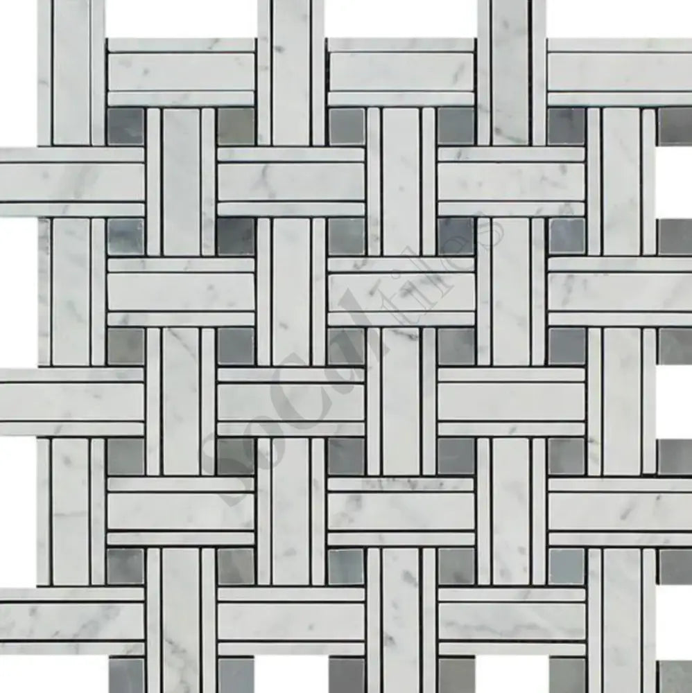 Bianco Carrara White Marble Triple-Weave Mosaic (w/ Blue-Gray) Wall Tile