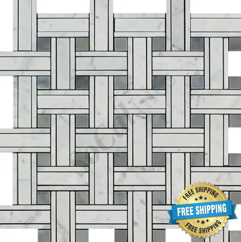 Bianco Carrara White Marble Triple-Weave Mosaic (w/ Blue-Gray) Wall Tile