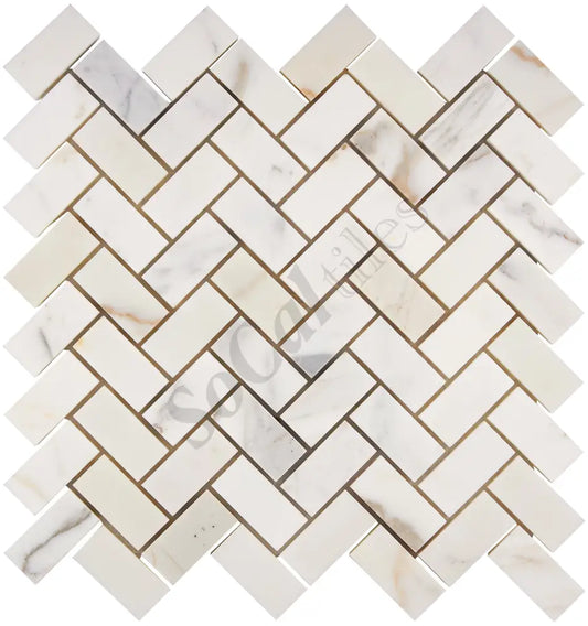 Calacatta Gold Marble 1’’ X 2’’ Herringbone Mosaic Wall Tile