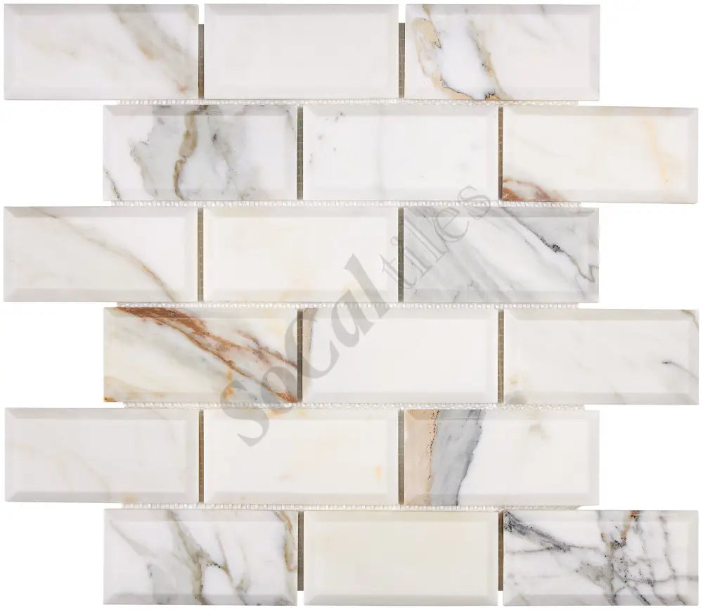 Calacatta Gold Marble 2’’ X 4’’ Deep-Beveled Brick Mosaic Wall Tile