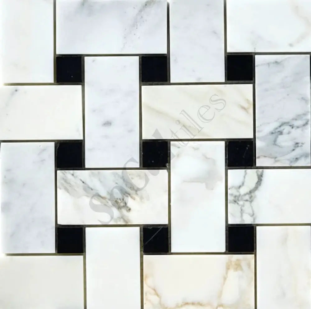 Calacatta Gold Marble Basketweave Large Mosaic (w/ Black) Wall Tile