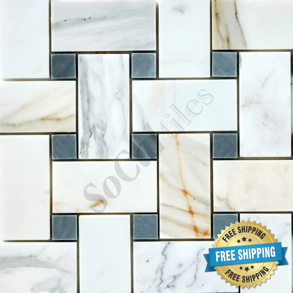 Calacatta Gold Marble Basketweave Large Mosaic (w/ Blue-Gray) Wall Tile