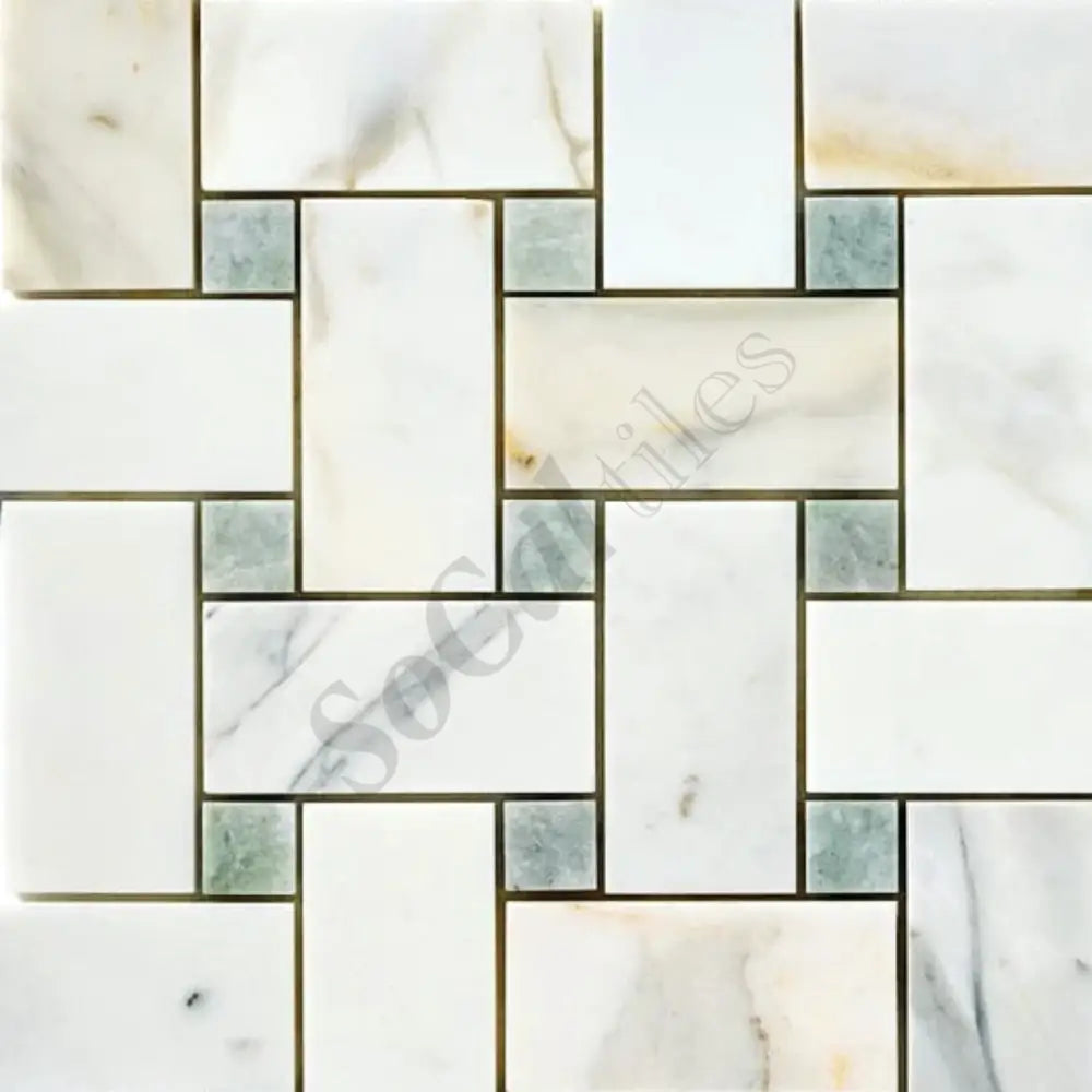 Calacatta Gold Marble Basketweave Large Mosaic (w/ Ming-Green) Wall Tile