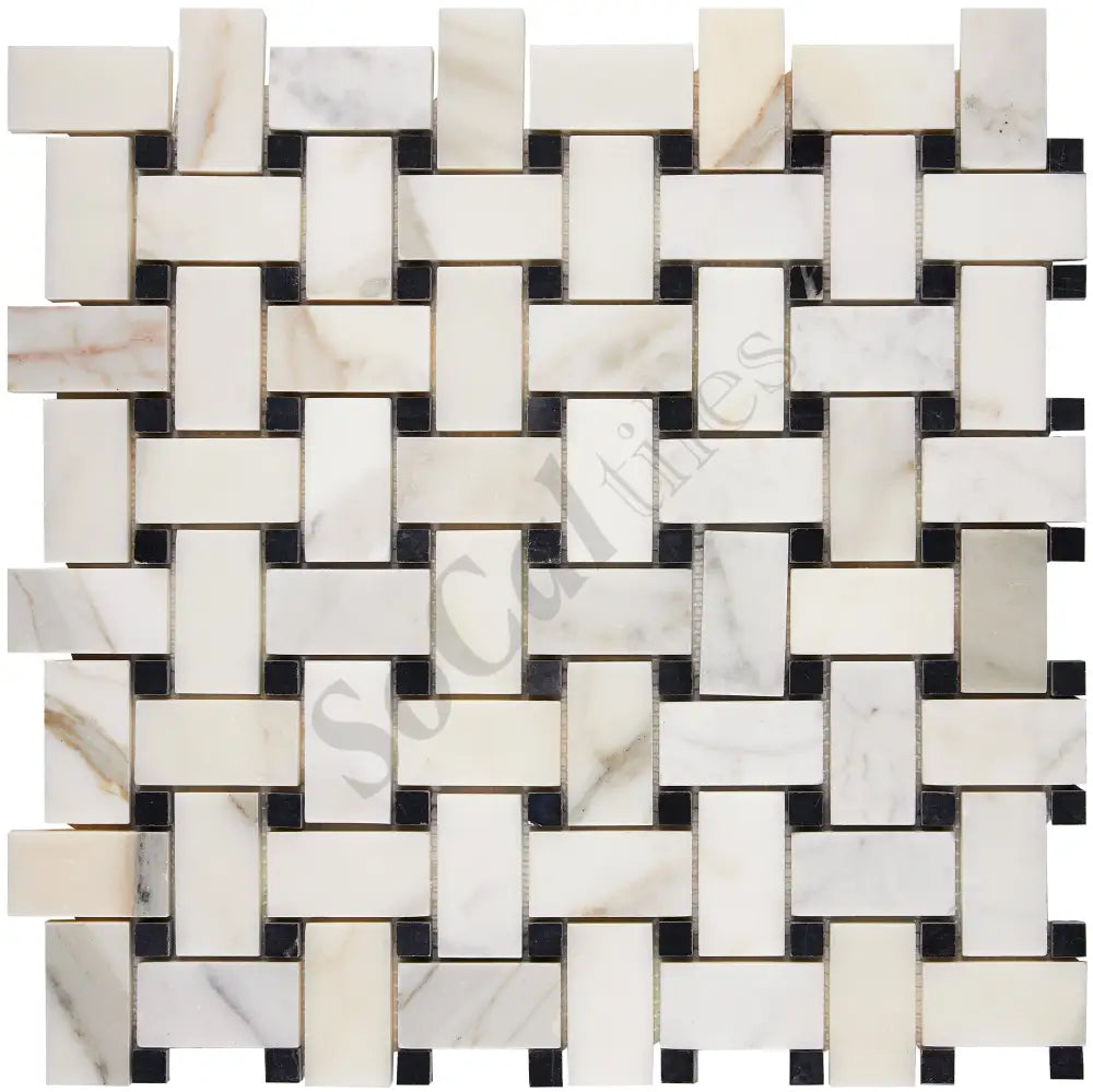 Calacatta Gold Marble Basketweave Mosaic (w/ Black) Wall Tile