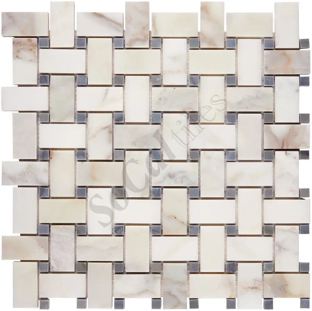 Calacatta Gold Marble Basketweave Mosaic (w/ Blue-Gray) Wall Tile
