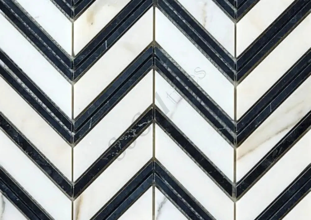 Calacatta Gold Marble Chevron Large Mosaic (w/ Black) Wall Tile