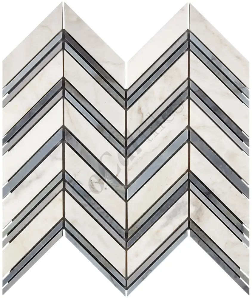 Calacatta Gold Marble Chevron Large Mosaic (w/ Blue-Gray) Wall Tile