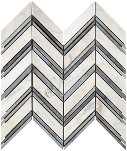 Calacatta Gold Marble Chevron Large Mosaic (w/ Blue-Gray) Wall Tile