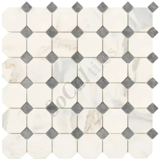 Calacatta Gold Marble Octagon Mosaic (w/ Blue-Gray) Wall Tile