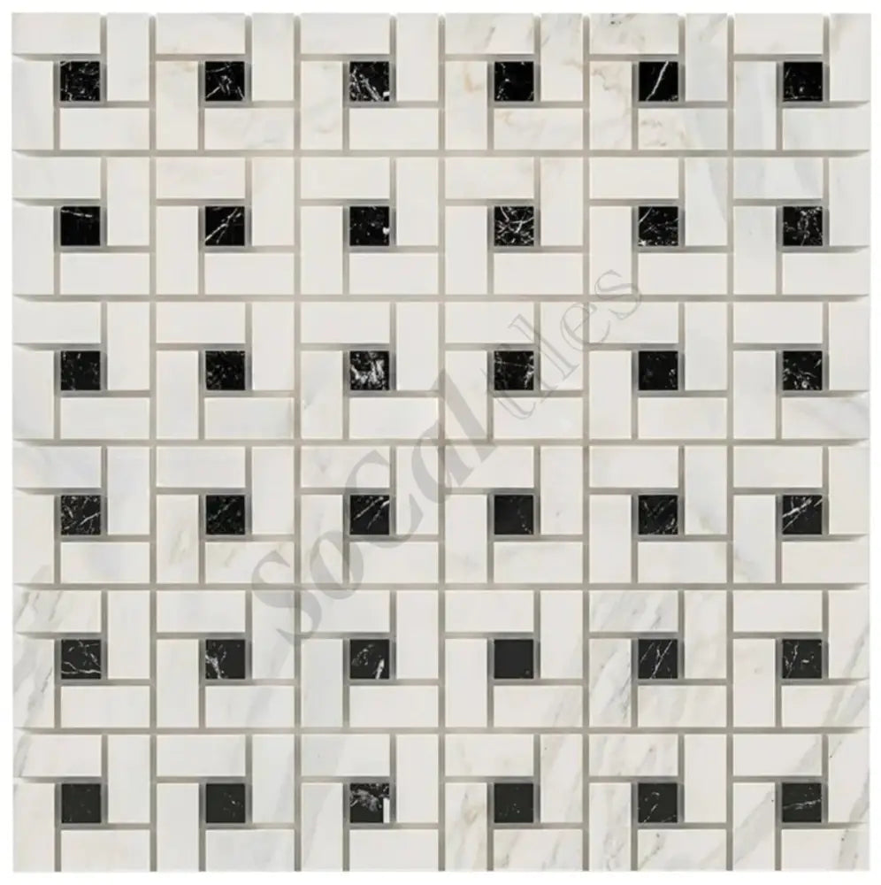 Calacatta Gold Marble Pinwheel Mosaic (w/ Black) Wall Tile