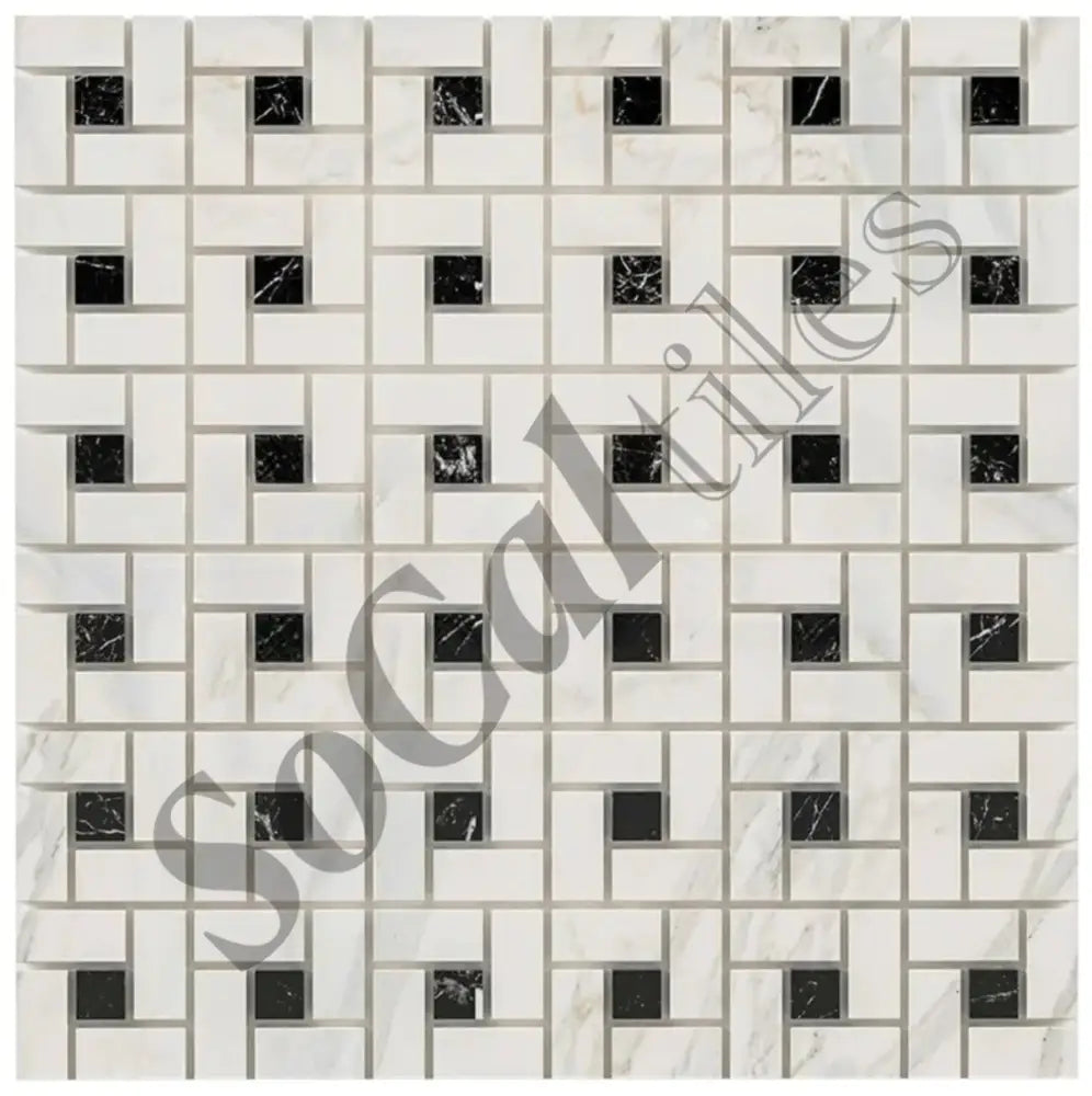 Calacatta Gold Marble Pinwheel Mosaic (w/ Black) Wall Tile