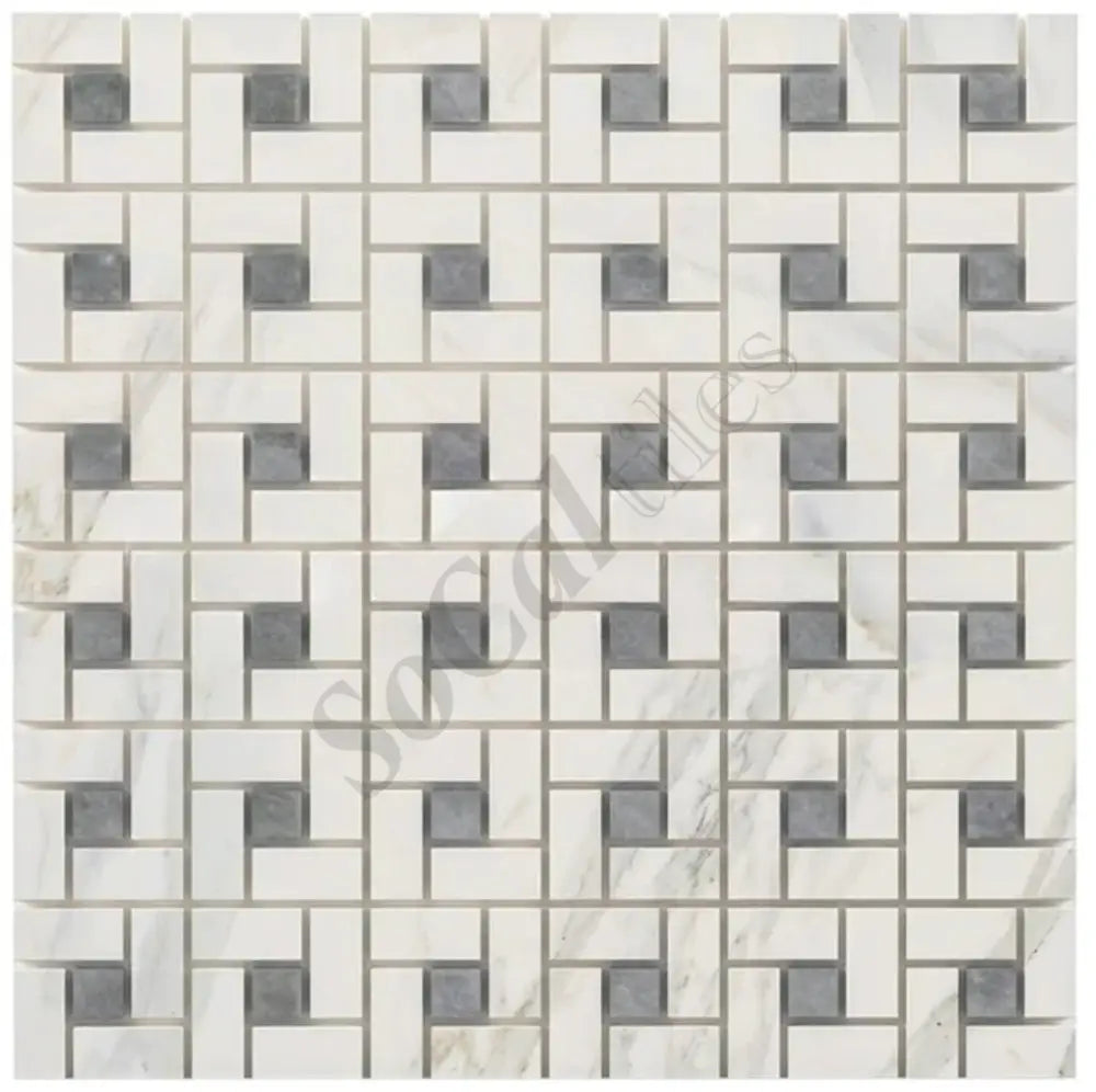 Calacatta Gold Marble Pinwheel Mosaic (w/ Blue-Gray) Wall Tile