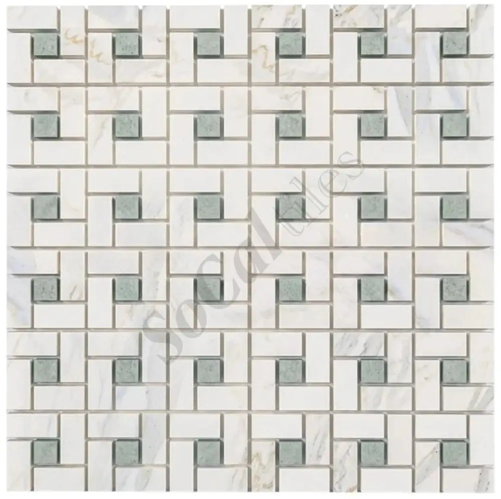 Calacatta Gold Marble Pinwheel Mosaic (w/ Ming-Green) Wall Tile