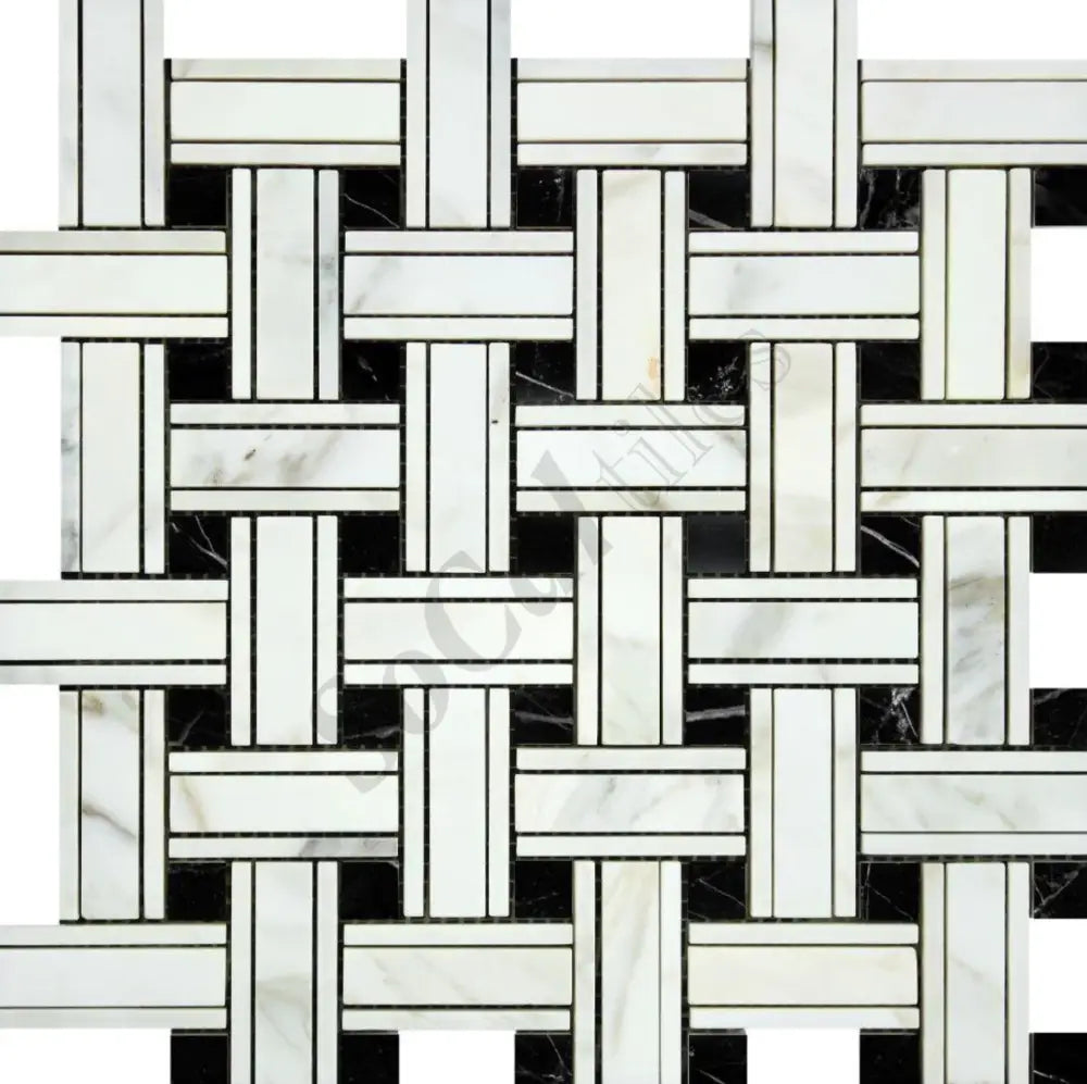 Calacatta Gold Marble Triple-Weave Mosaic (w/ Black) Wall Tile
