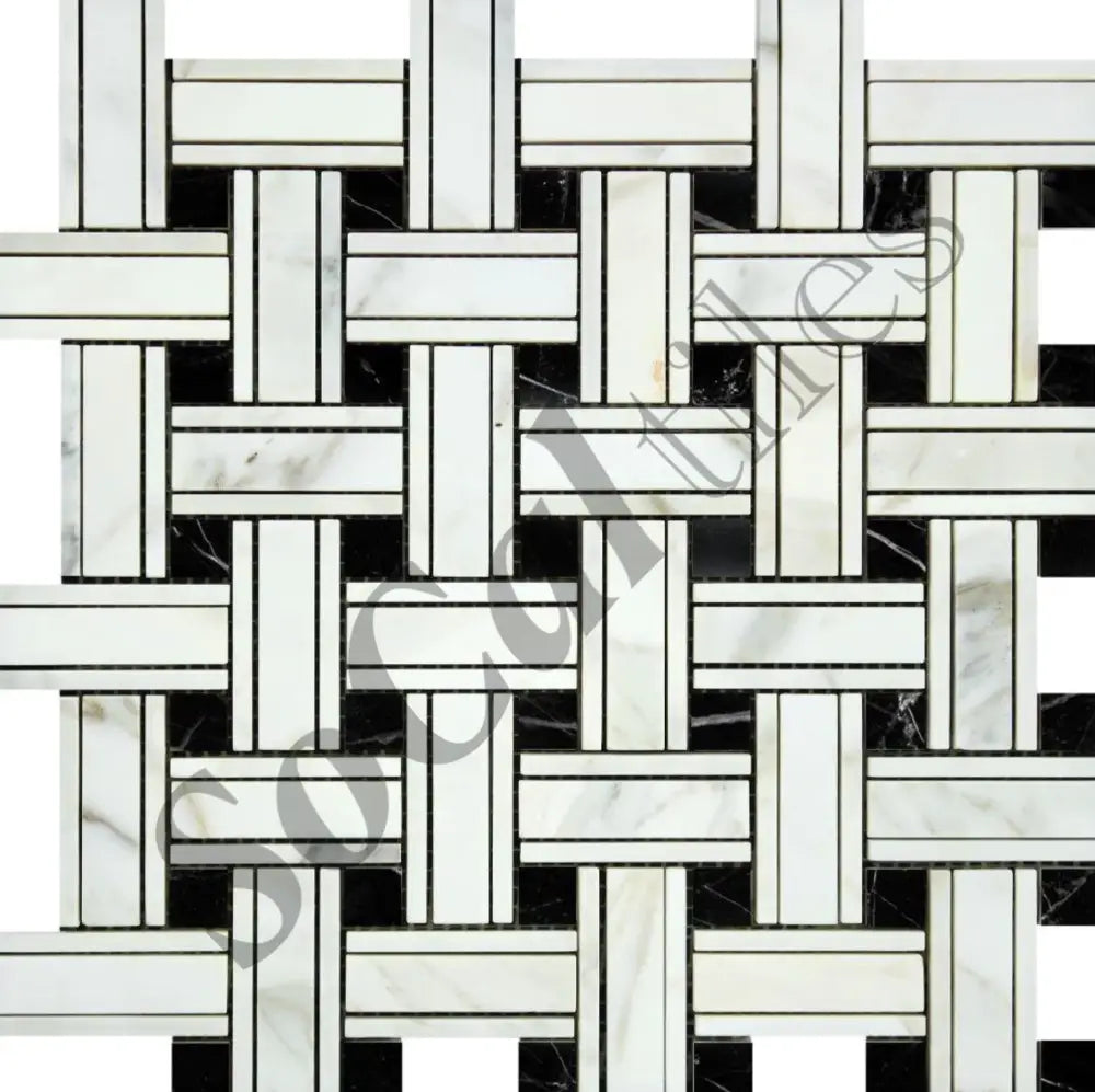 Calacatta Gold Marble Triple-Weave Mosaic (w/ Black) Wall Tile