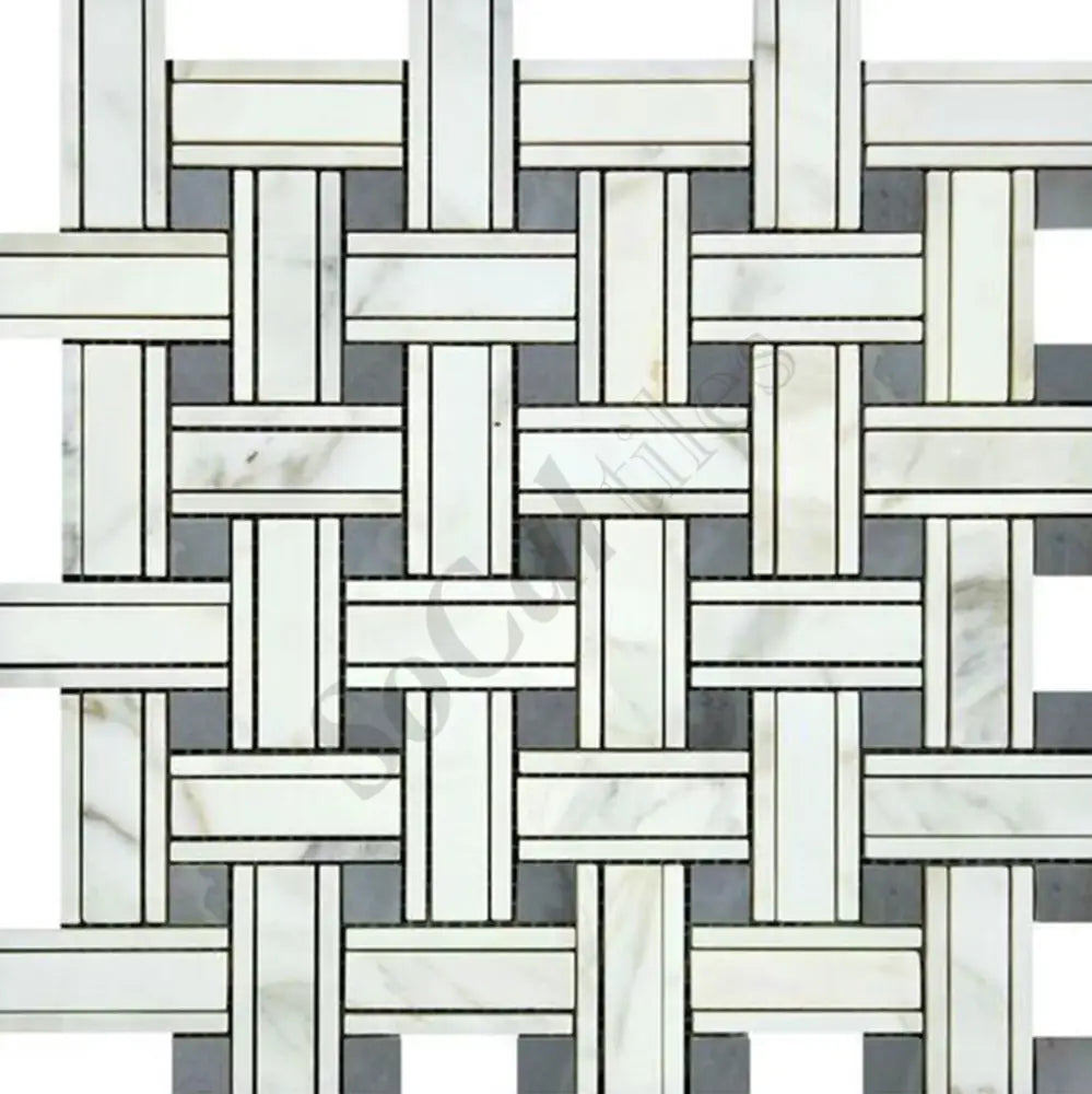 Calacatta Gold Marble Triple-Weave Mosaic (w/ Blue-Gray) Wall Tile