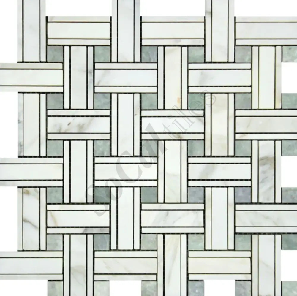 Calacatta Gold Marble Triple-Weave Mosaic (w/ Ming-Green) Wall Tile
