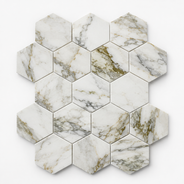 Calacatta Oliva marble mosaic, 10-inch hexagon pattern