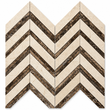 Crema Marfil large chevron mosaic with Emperador Dark strips