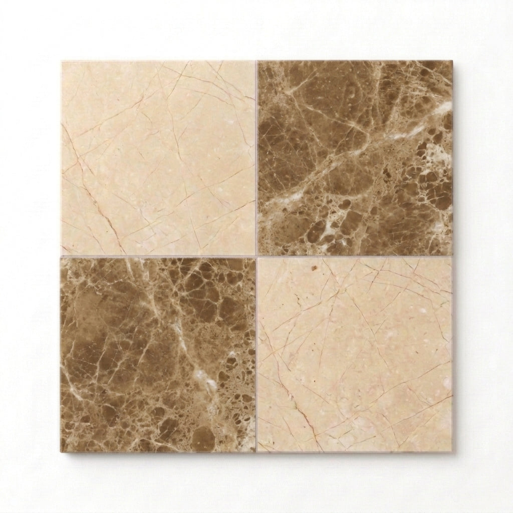 Checkerboard Marble Tile - Crema Marfil & Emperador Light