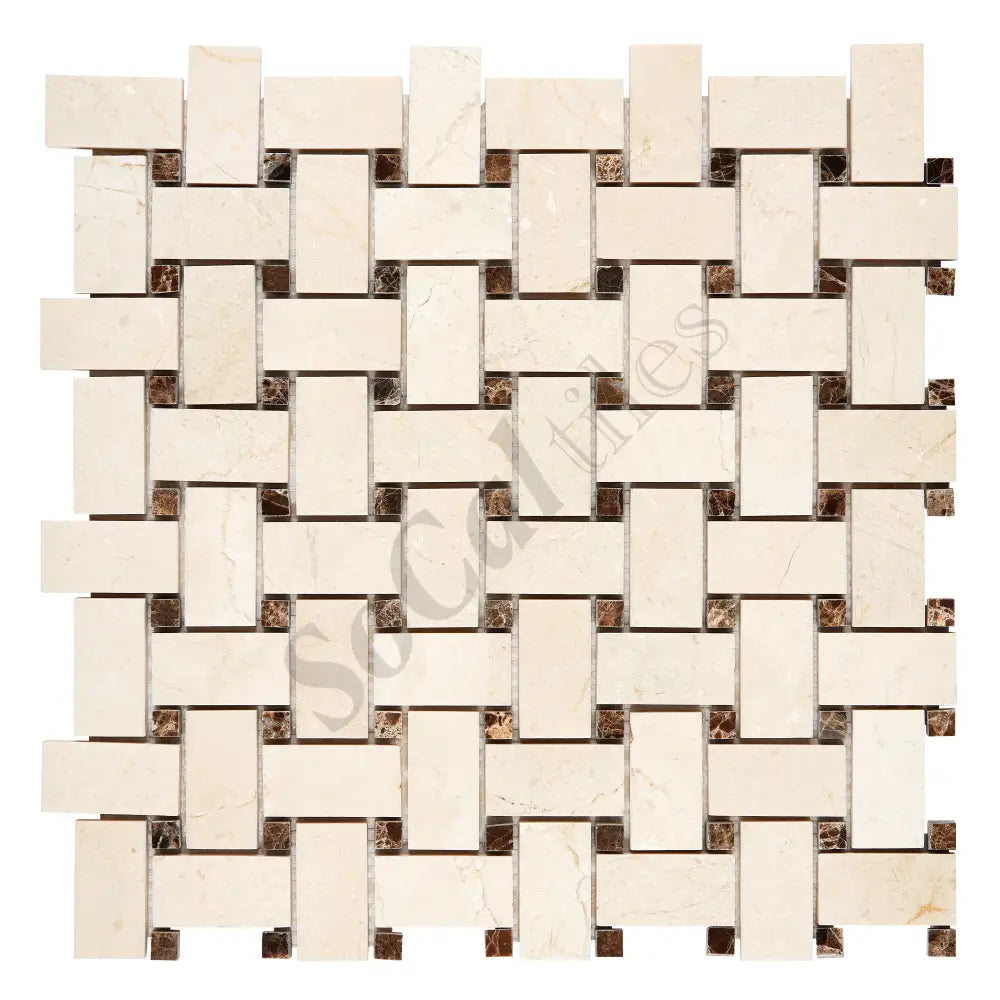 Crema Marfil Marble Basketweave Mosaic w/ Emperador Dark Dots Backsplash Tile